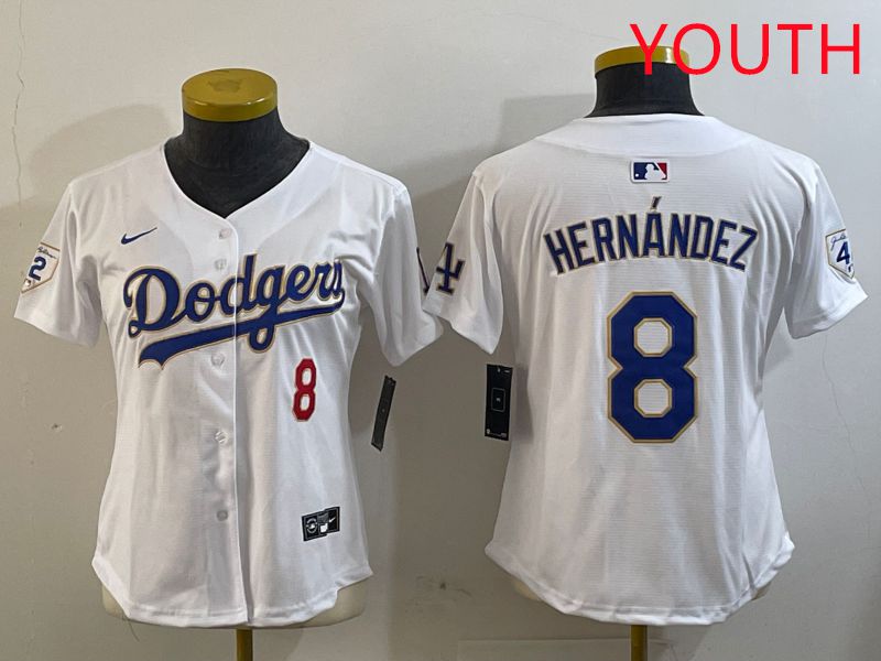Youth Los Angeles Dodgers #8 Hernandez White Gold Game 2025 Nike MLB Jersey style 5->youth mlb jersey->Youth Jersey